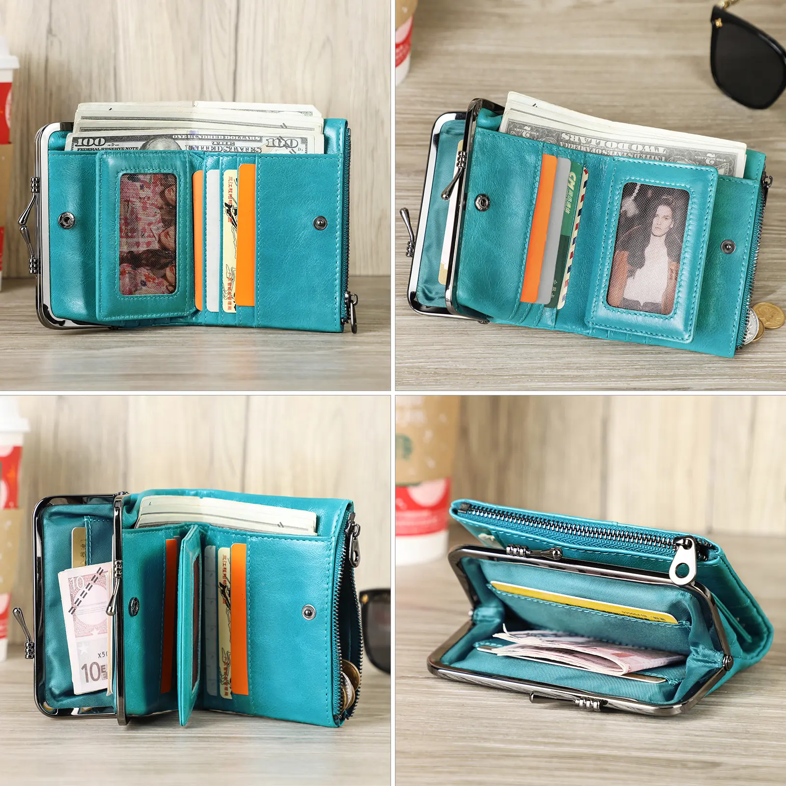 Contact'S Small Metal Frame Purse Ladies Genuine Leather Wallet Women Hasp and Zipper Purses for Woman Coins and Cards