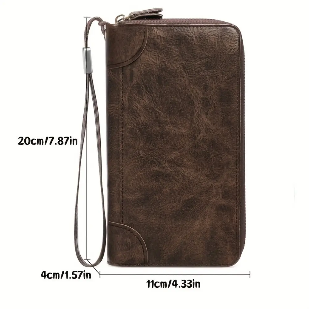 Oil Wax Leather Large Clutch Handbag Leather Zipper Around Wallets Wristlet Card Business Phone Wallet Case for Men