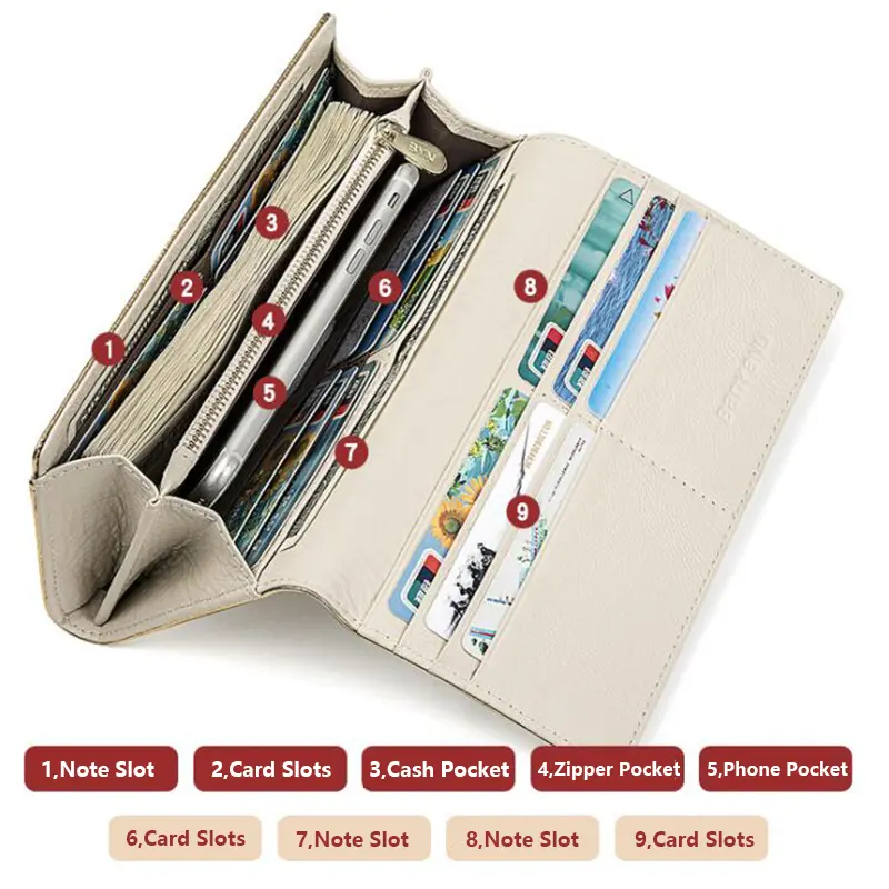 Elegant Women Long Wallet Anti RFID Lady Clutch Bag Cow Genuine Leather Coin Purse for Gifts Party Travel