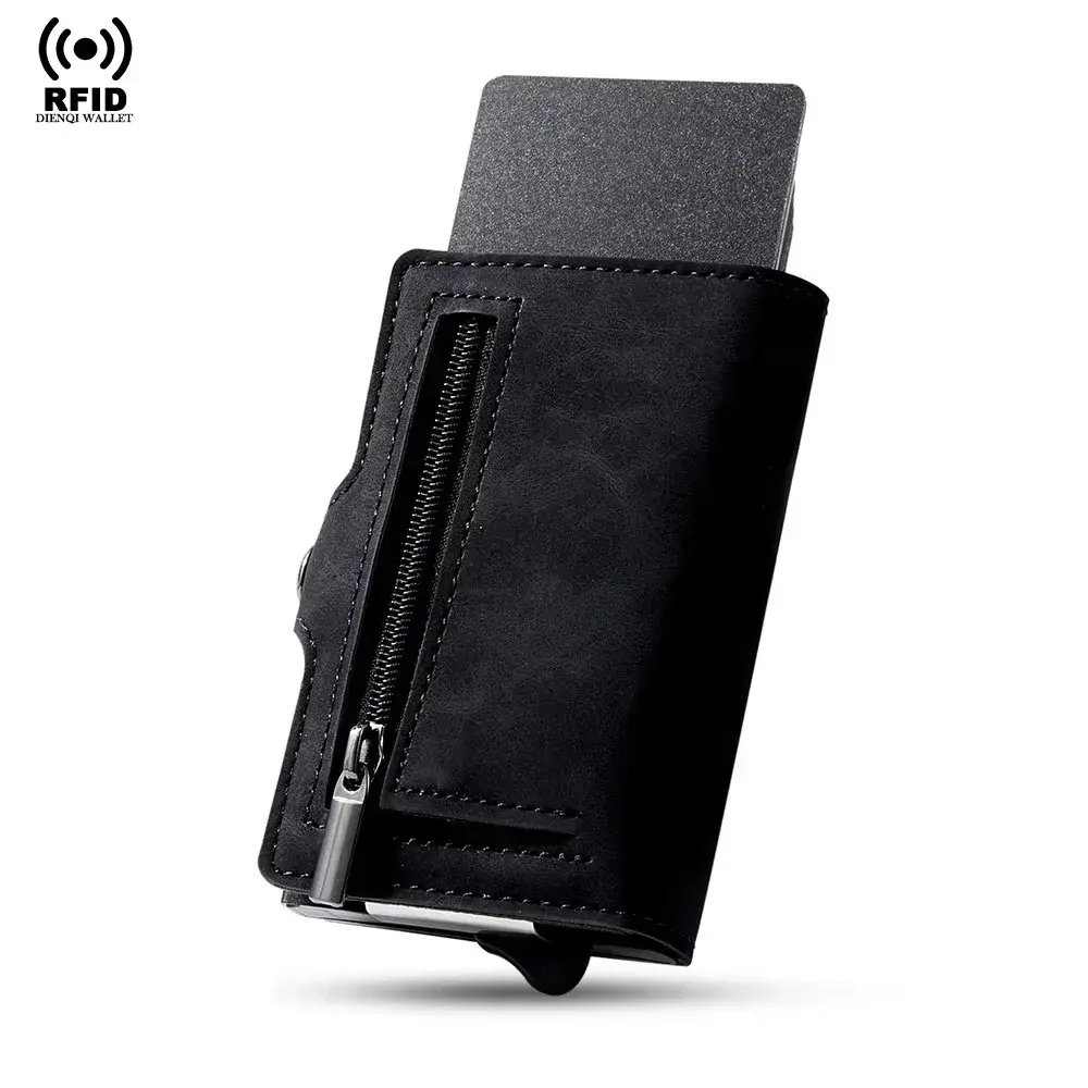 Anti RFID Pop Up Metal Wallet Mens Credit Card Holder Pu Slimwallet Cardholder with Zipper Pocket  Aluminum Case Wallet for Men