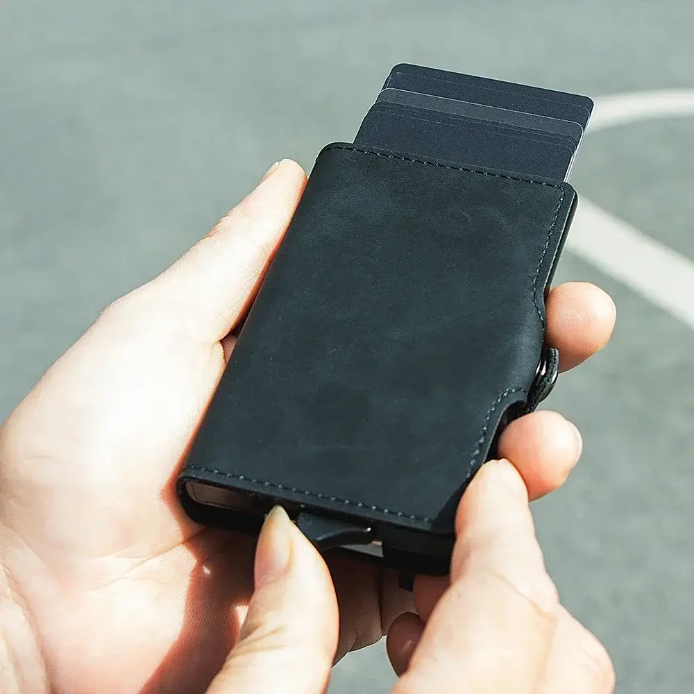Anti RFID Pop Up Metal Wallet Mens Credit Card Holder Pu Slimwallet Cardholder with Zipper Pocket  Aluminum Case Wallet for Men