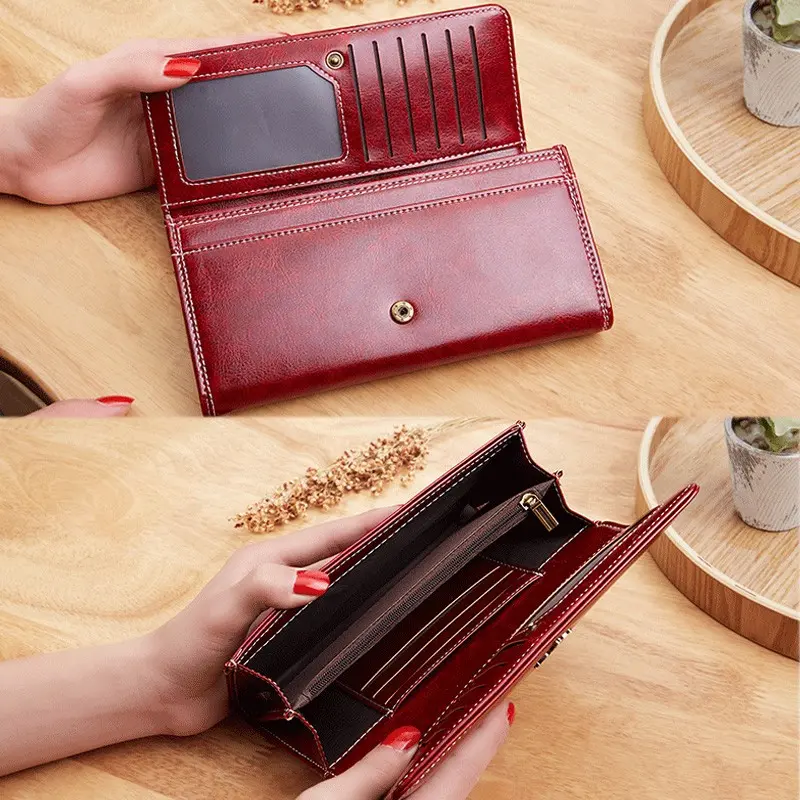 2020 New Women's Wallet Wax oil skin wallet portfel damski Lady Long Leather Clutch Bag Wallet Card Holder carteira feminina