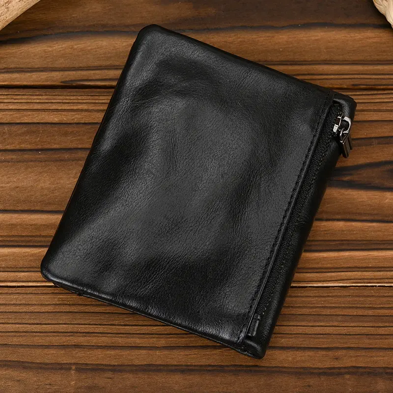 Luufan Genuine Leather Short Wallet Bifold Card Holder Short Purse Male Cow Leather Men's Coin Wallet Real Cowskin Zipper Wallet