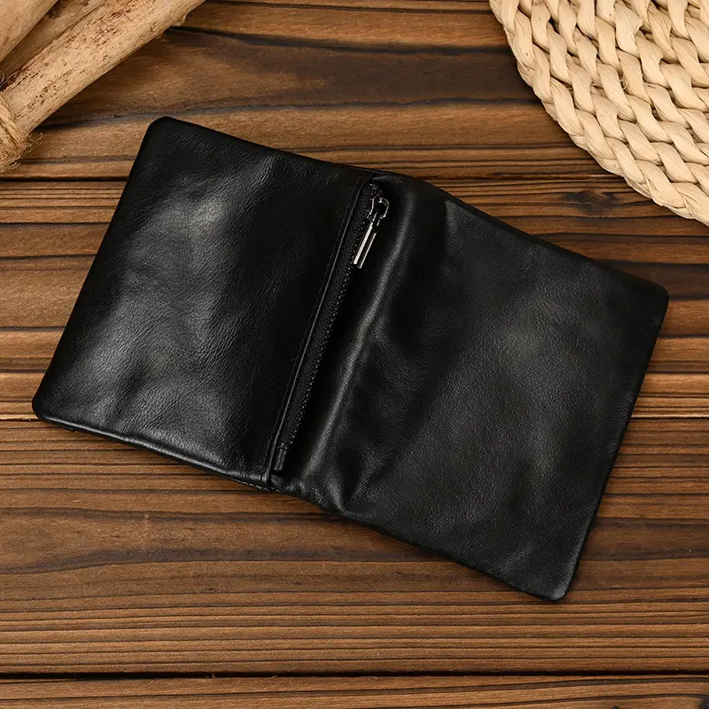 Luufan Genuine Leather Short Wallet Bifold Card Holder Short Purse Male Cow Leather Men's Coin Wallet Real Cowskin Zipper Wallet