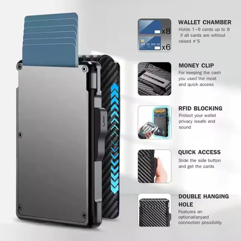 Carbon Fiber Rfid Blocking Wallet Aluminium Smart Wallet Pop Up ID Credit Card Holder Bifold Metal Money Clip Wallets for Men