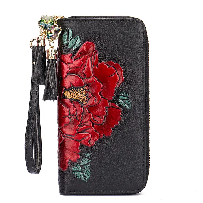 Floral Real Cow Leather Purse Long Genuine Leather Wallet Woman Double Zipper Card Holder Clutch Hand Bag For Cell Phone