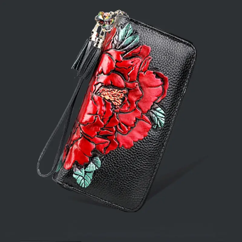 Floral Real Cow Leather Purse Long Genuine Leather Wallet Woman Double Zipper Card Holder Clutch Hand Bag For Cell Phone