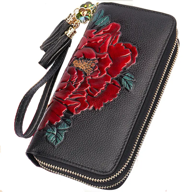 Floral Real Cow Leather Purse Long Genuine Leather Wallet Woman Double Zipper Card Holder Clutch Hand Bag For Cell Phone