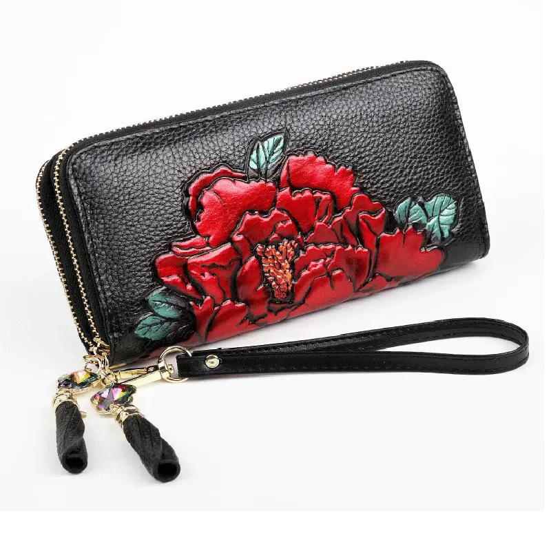 Floral Real Cow Leather Purse Long Genuine Leather Wallet Woman Double Zipper Card Holder Clutch Hand Bag For Cell Phone