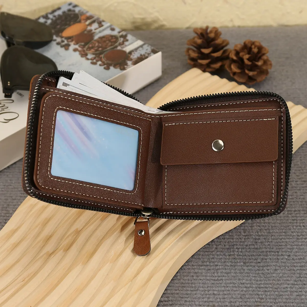 New Men's Business Wallet Classic Spliced Zipper Multi Card Short Wallet Large Capacity Card Bag Zero Wallet