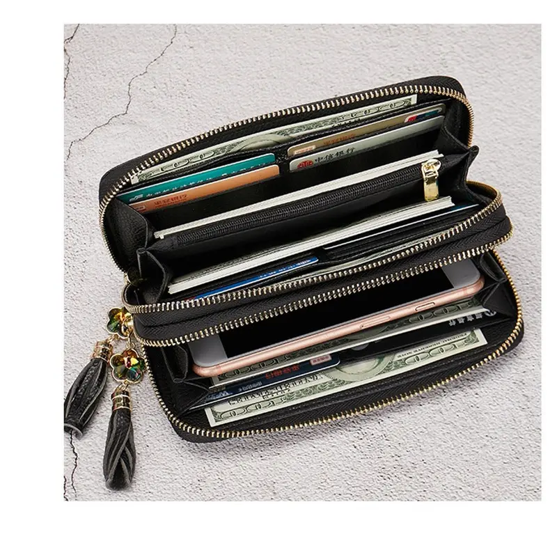 Floral Real Cow Leather Purse Long Genuine Leather Wallet Woman Double Zipper Card Holder Clutch Hand Bag For Cell Phone