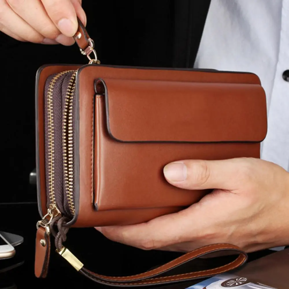 Wallet Purse Leather Men Faux Double Zipper Money Holder Clip Clutches Handbag