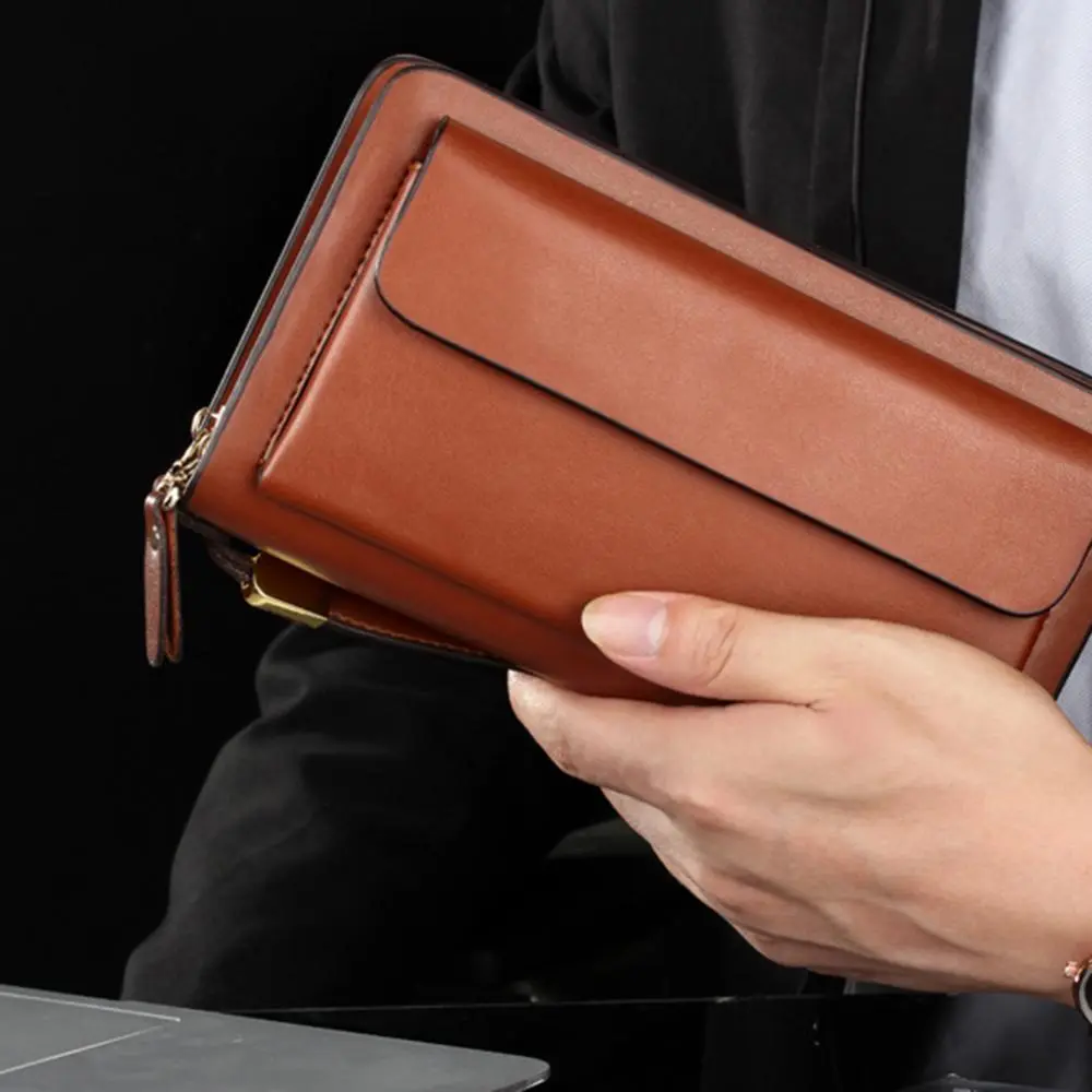 Wallet Purse Leather Men Faux Double Zipper Money Holder Clip Clutches Handbag