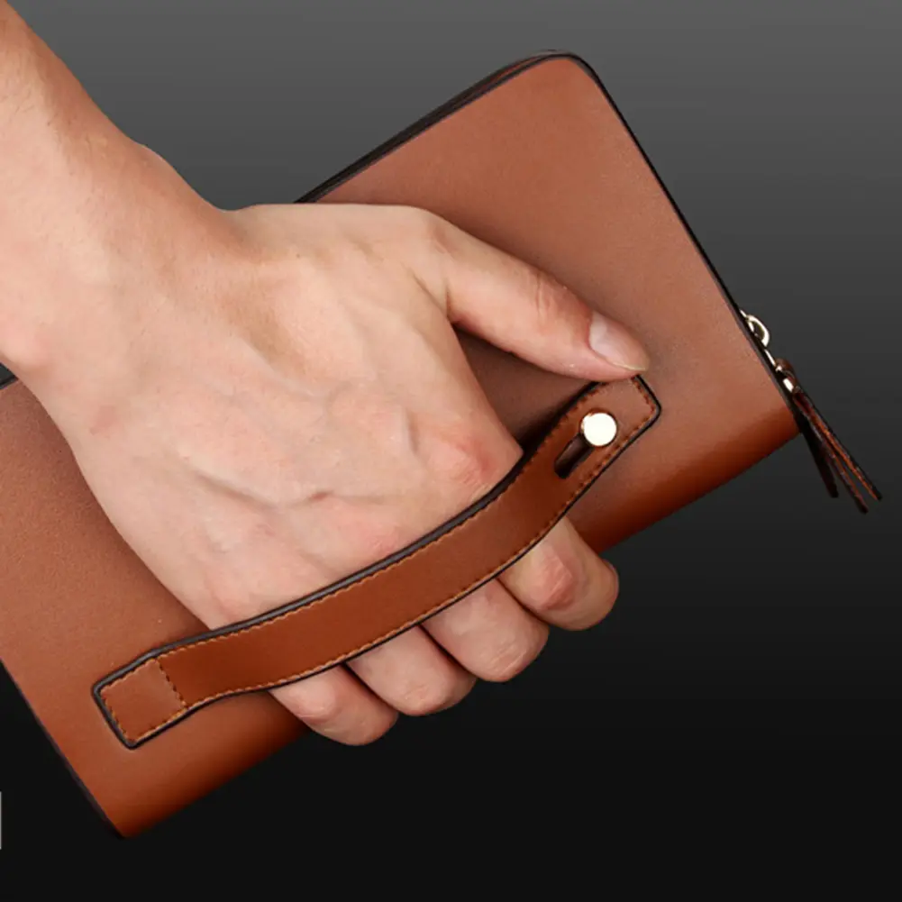 Wallet Purse Leather Men Faux Double Zipper Money Holder Clip Clutches Handbag