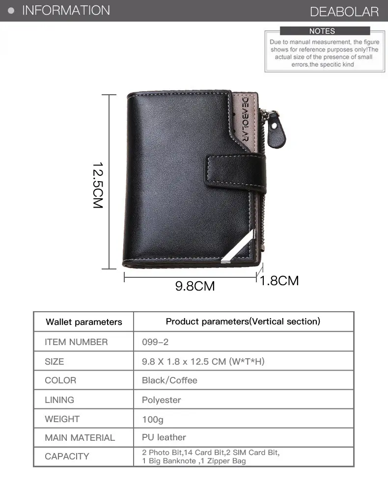 Vintage Men's Zipper Three-fold Leather Wallet Multi Function Button Purse with Multiple Card Slots and A Clear ID Window