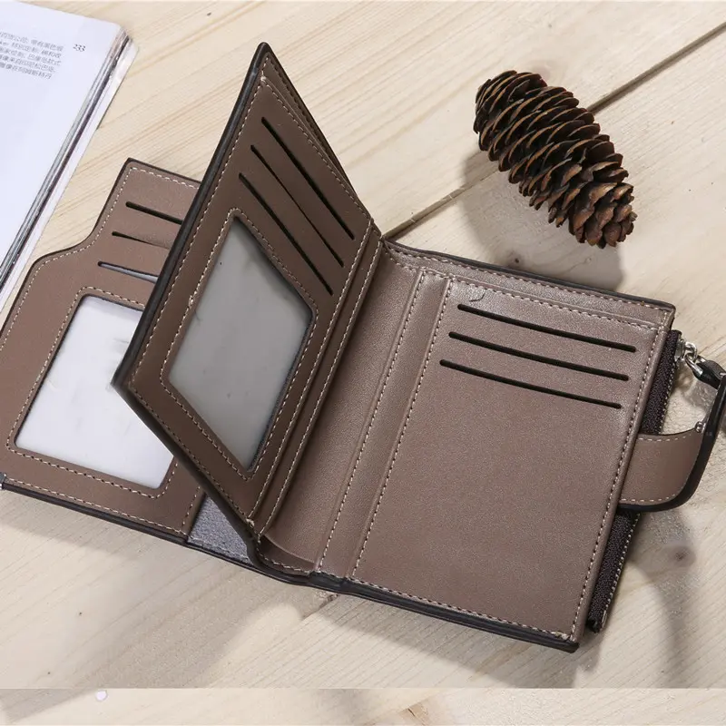 Vintage Men's Zipper Three-fold Leather Wallet Multi Function Button Purse with Multiple Card Slots and A Clear ID Window