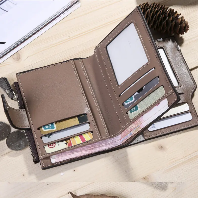 Vintage Men's Zipper Three-fold Leather Wallet Multi Function Button Purse with Multiple Card Slots and A Clear ID Window