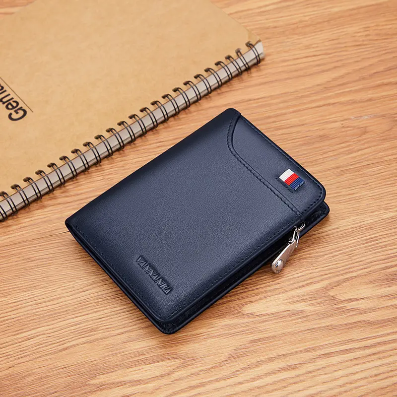 VANNANBA Wallet for Men Leather Genuine  Card Holder with Zipp Coin Pocket Black Blue