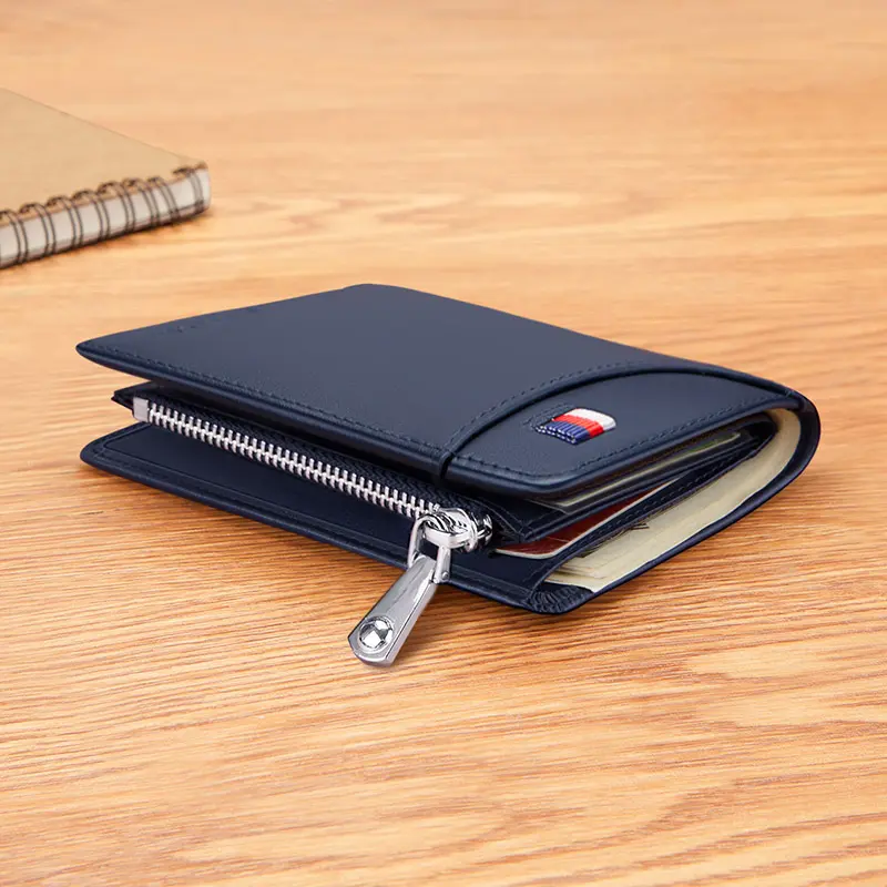 VANNANBA Wallet for Men Leather Genuine  Card Holder with Zipp Coin Pocket Black Blue