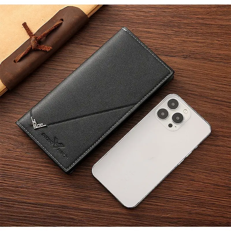 Men Long Wallet Leather Bifold Card Holder Wallet Slim Business Man Large Capacity Card Bag with Zipper Coin Pouch Clutch Purse