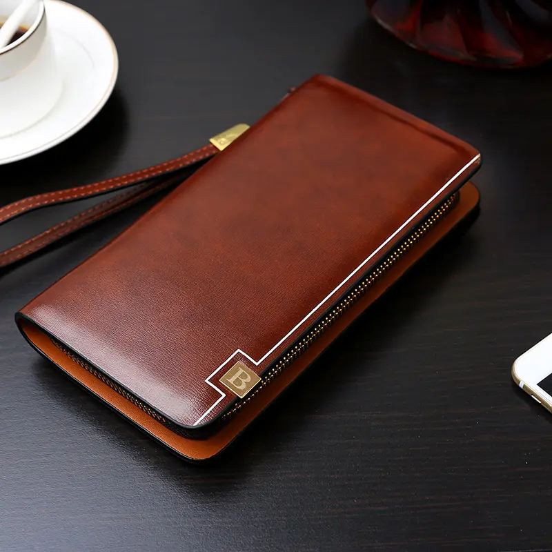 Luxury Brand Men Clutch Bag Leather Long Purse Double Zipper Business Wallet For Husband Gift Black Brown Male Casual Handy Bag