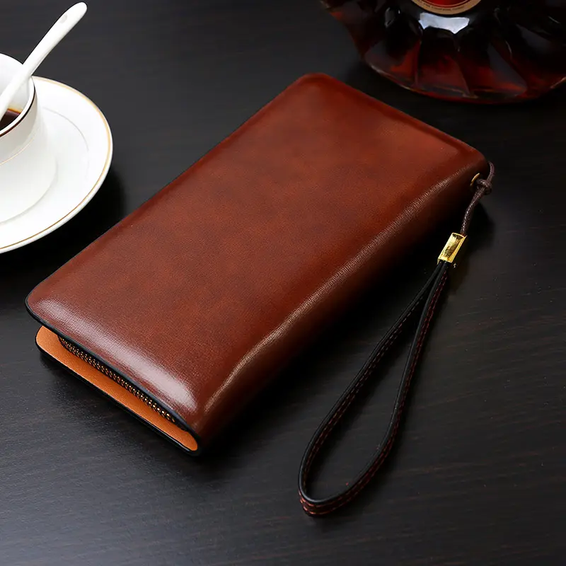 Luxury Brand Men Clutch Bag Leather Long Purse Double Zipper Business Wallet For Husband Gift Black Brown Male Casual Handy Bag
