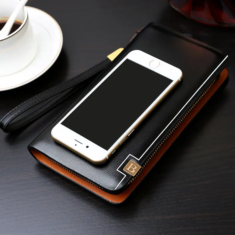 Luxury Brand Men Clutch Bag Leather Long Purse Double Zipper Business Wallet For Husband Gift Black Brown Male Casual Handy Bag