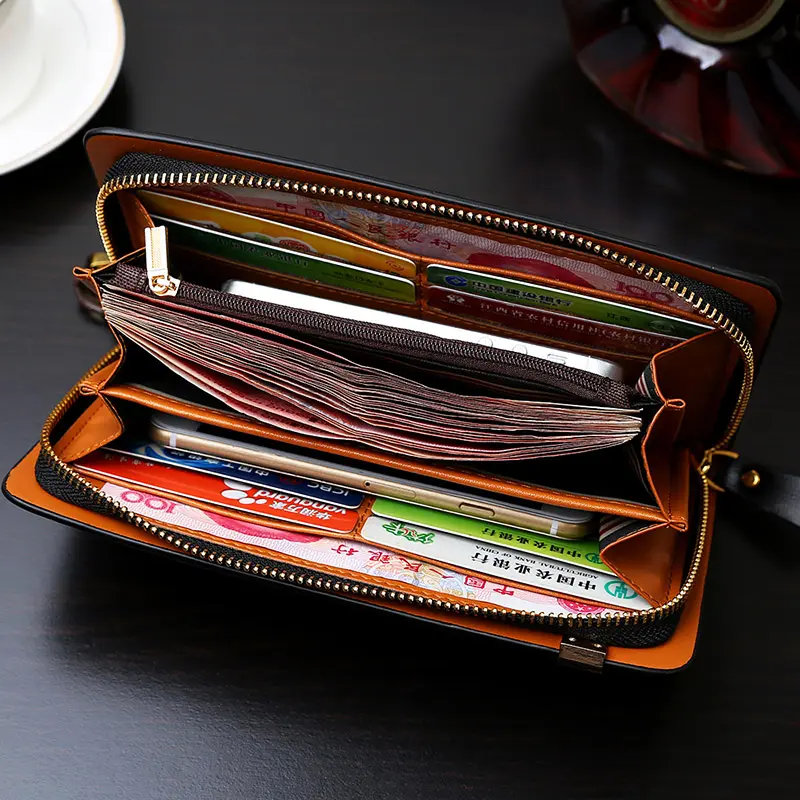 Luxury Brand Men Clutch Bag Leather Long Purse Double Zipper Business Wallet For Husband Gift Black Brown Male Casual Handy Bag