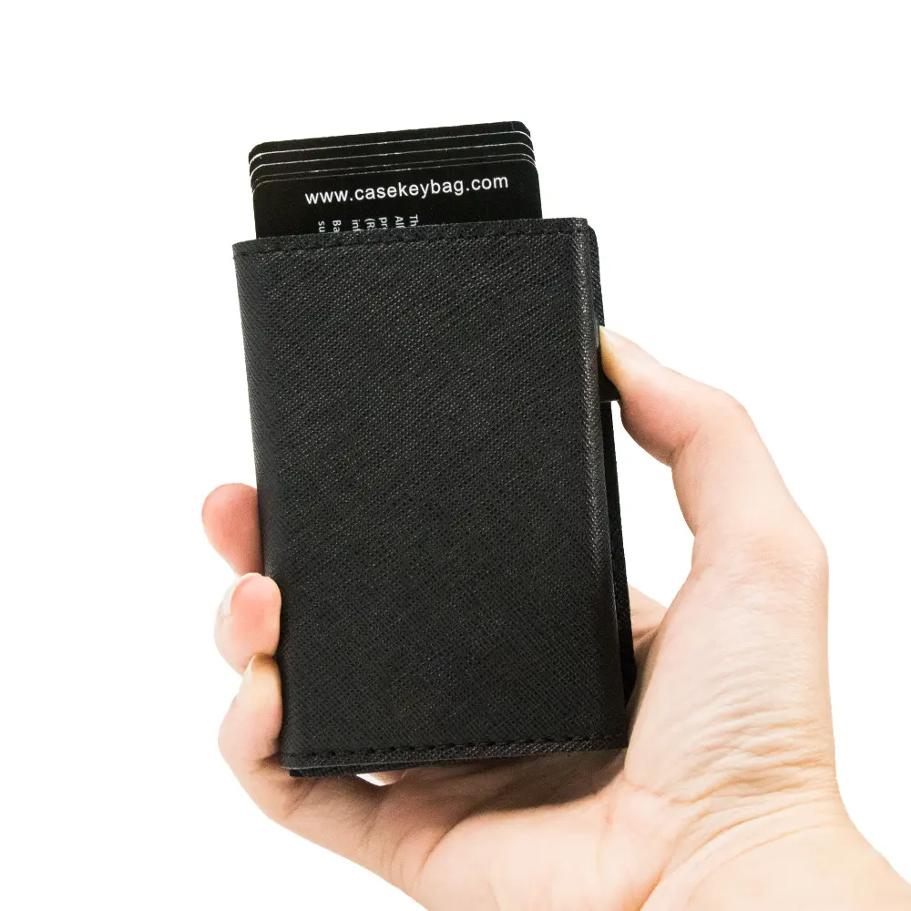 CASEKEY Men Women Wallet RFID Mini Case Saffiano Genuine Leather Trifold Magnetic Pop Up Card Holder with Coin Purse Portafoglio