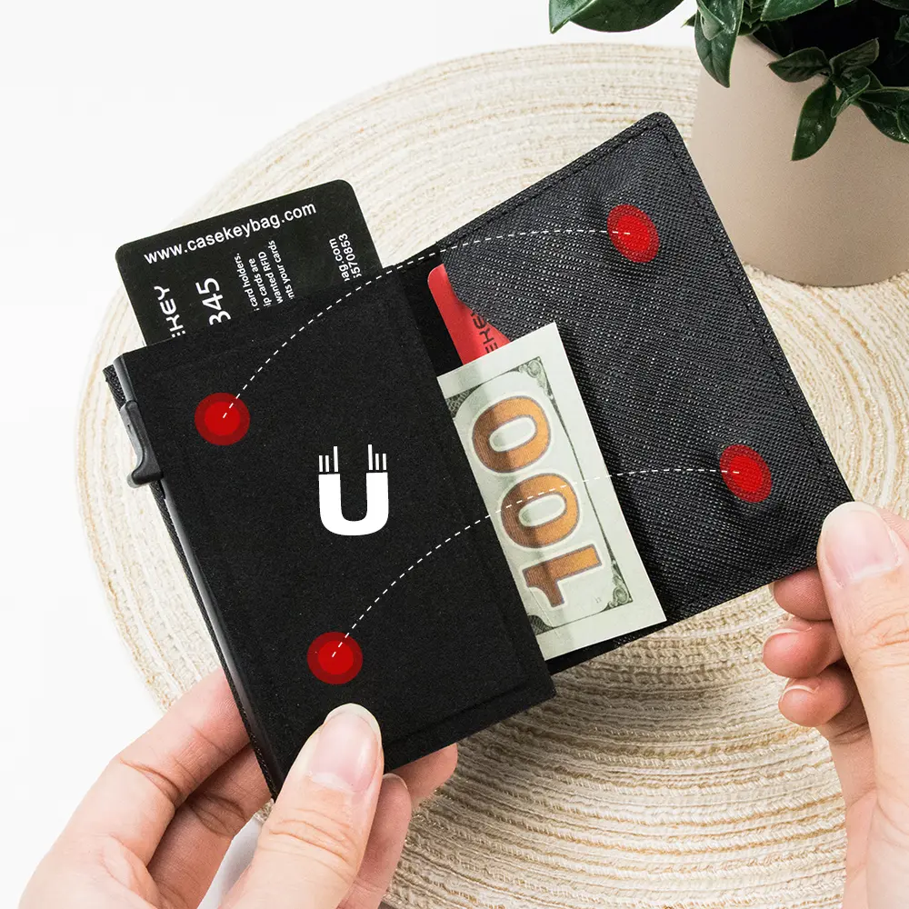 CASEKEY Men Women Wallet RFID Mini Case Saffiano Genuine Leather Trifold Magnetic Pop Up Card Holder with Coin Purse Portafoglio