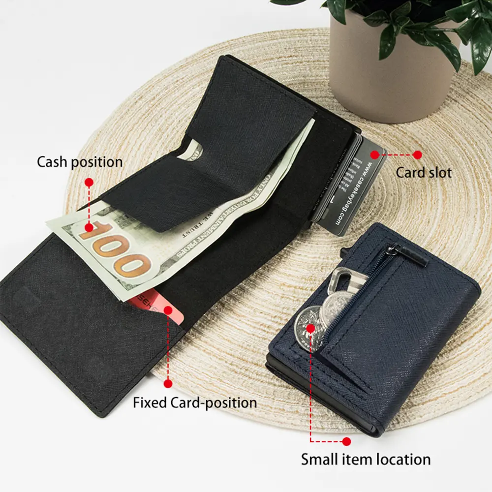 CASEKEY Men Women Wallet RFID Mini Case Saffiano Genuine Leather Trifold Magnetic Pop Up Card Holder with Coin Purse Portafoglio