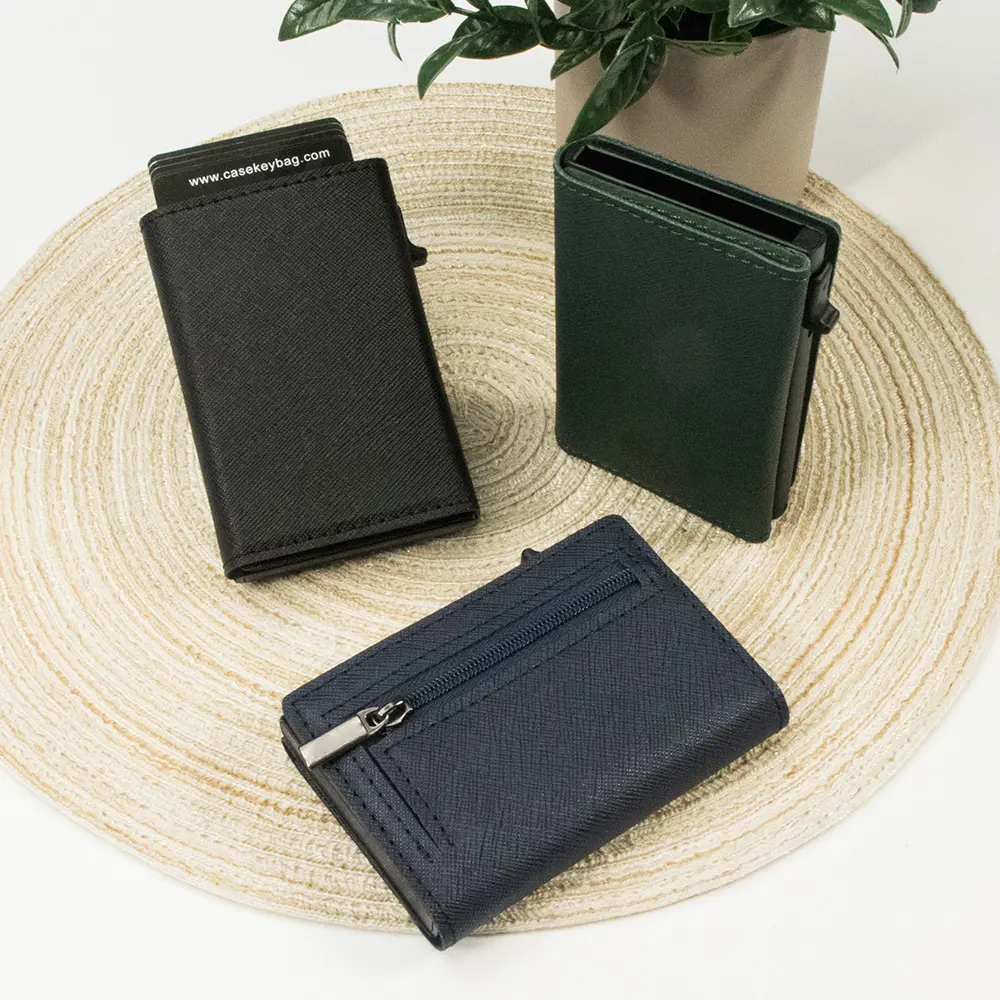 CASEKEY Men Women Wallet RFID Mini Case Saffiano Genuine Leather Trifold Magnetic Pop Up Card Holder with Coin Purse Portafoglio