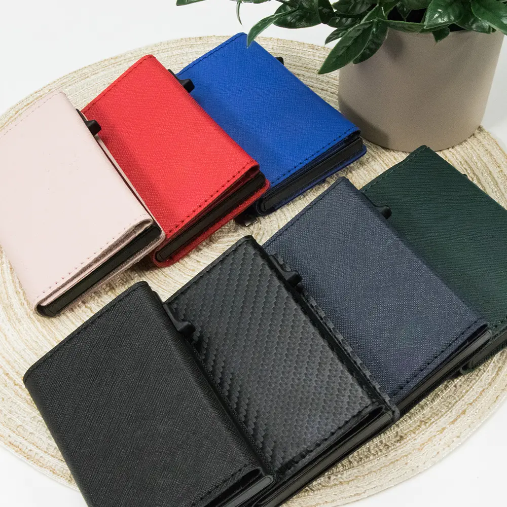 CASEKEY Men Women Wallet RFID Mini Case Saffiano Genuine Leather Trifold Magnetic Pop Up Card Holder with Coin Purse Portafoglio