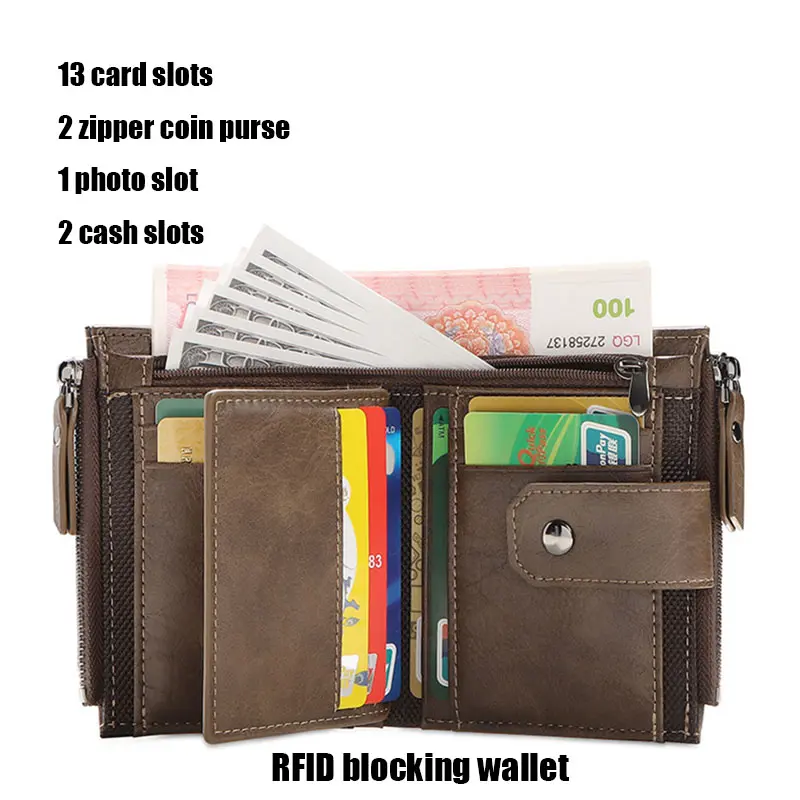 2024 new Men's Coin Purse Wallet RFID Blocking Zipper vintage PU leather Wallet Credit Card Holder Money Bag Wallet man
