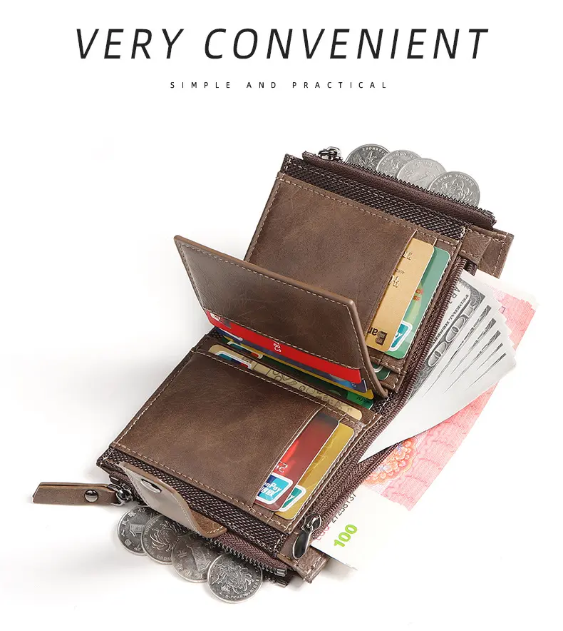 2024 new Men's Coin Purse Wallet RFID Blocking Zipper vintage PU leather Wallet Credit Card Holder Money Bag Wallet man