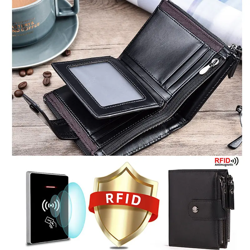 2024 new Men's Coin Purse Wallet RFID Blocking Zipper vintage PU leather Wallet Credit Card Holder Money Bag Wallet man