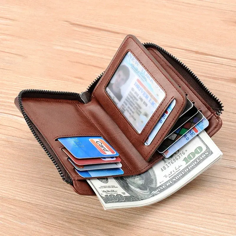 Luxury Designer Leather Men's Wallet RFID Zipper Card Holder Wallets for Men Portable Short Male Wallets Handbag