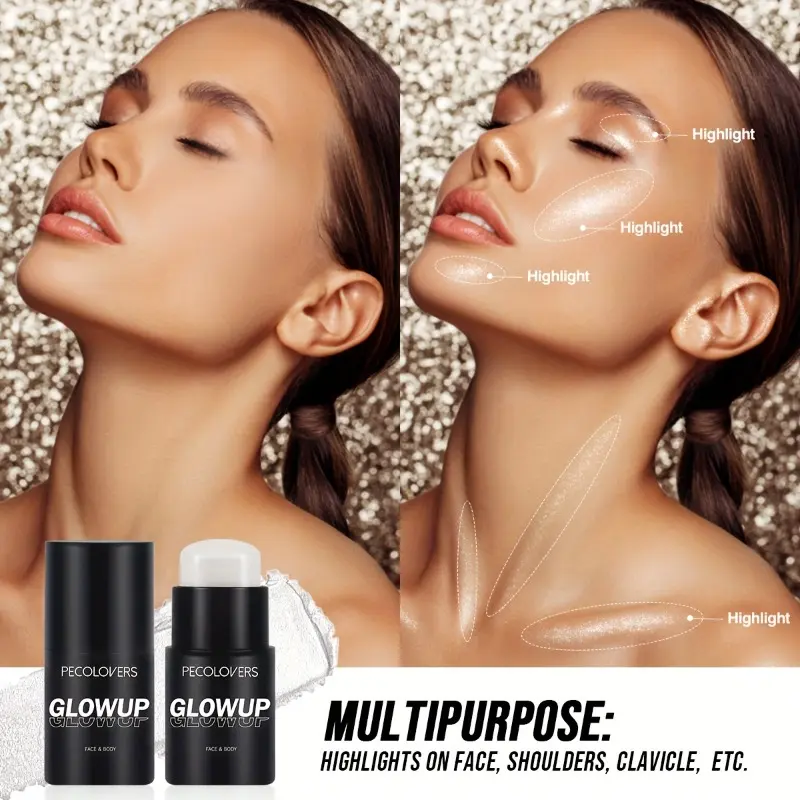 PECOLOVERS 6-Color Shimmer Highlighter Stick - Waterproof, Strong Coverage for All Skin Tones, Face & Body Illuminator