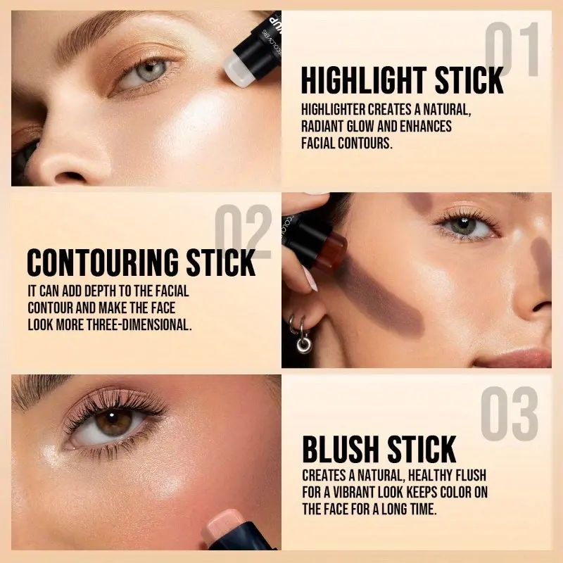 PECOLOVERS 6-Color Shimmer Highlighter Stick - Waterproof, Strong Coverage for All Skin Tones, Face & Body Illuminator