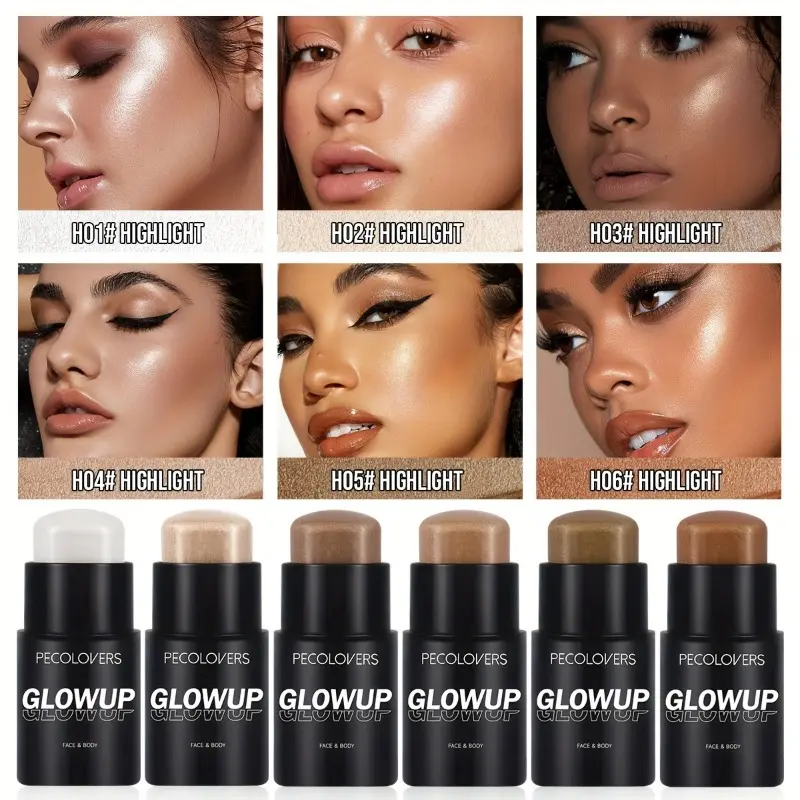 PECOLOVERS 6-Color Shimmer Highlighter Stick - Waterproof, Strong Coverage for All Skin Tones, Face & Body Illuminator