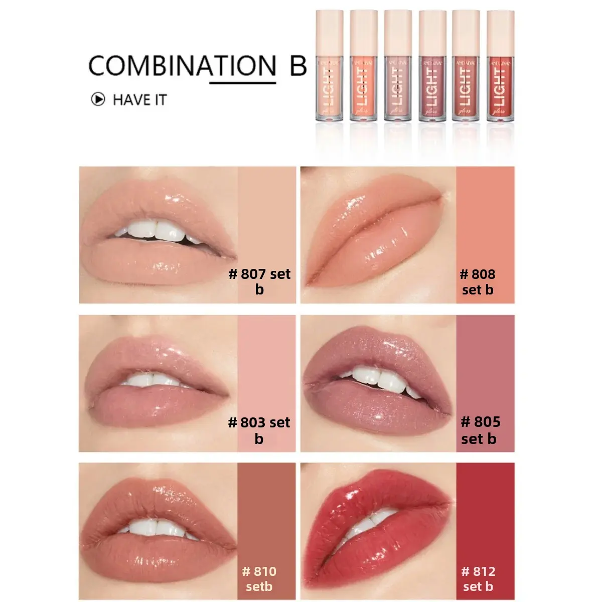 Long Lasting Lip Gloss Set 6 PCS Non Stick Liquid Lip Stain Mirror Light Makeup Kit For Women Beauty Cosmetics
