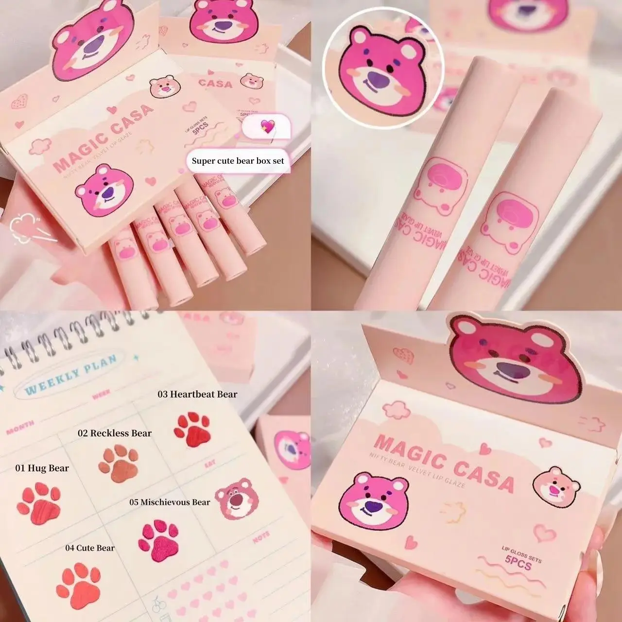 MAGIC CASA Naughty Bear 5pcs Matte Lipgloss Set Pink Brown Velvet Non Stick Lip Glaze Liquid Lipstick Makeup Kit Long Lasting