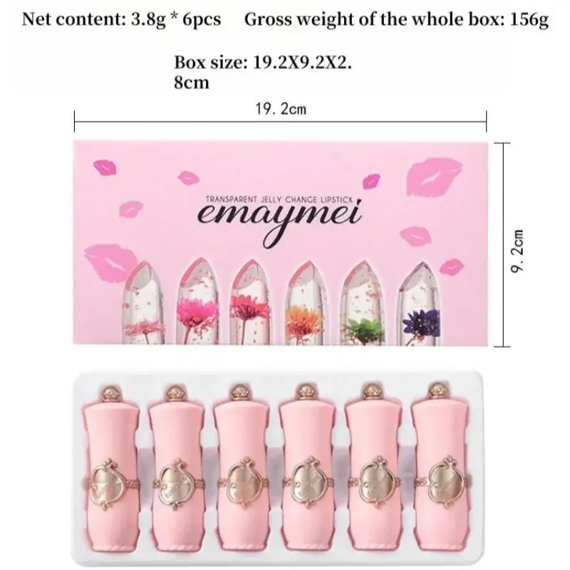 6pcs Crystal Clear Jelly Lip Gloss Set Long Lasting Moisturizing Color Changing Lipstick Pink Flower Cosmetic Kit