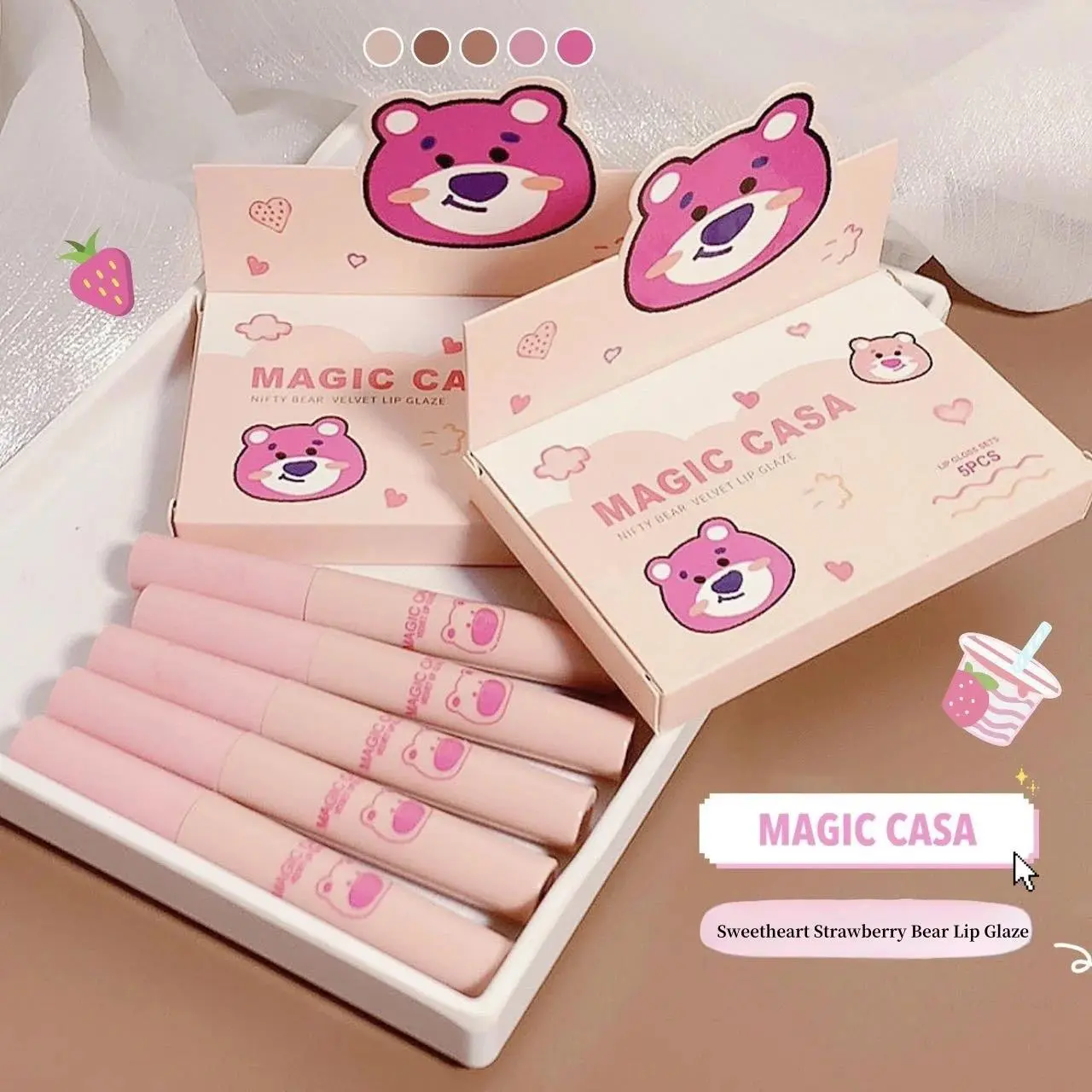 MAGIC CASA Naughty Bear 5pcs Matte Lipgloss Set Pink Brown Velvet Non Stick Lip Glaze Liquid Lipstick Makeup Kit Long Lasting