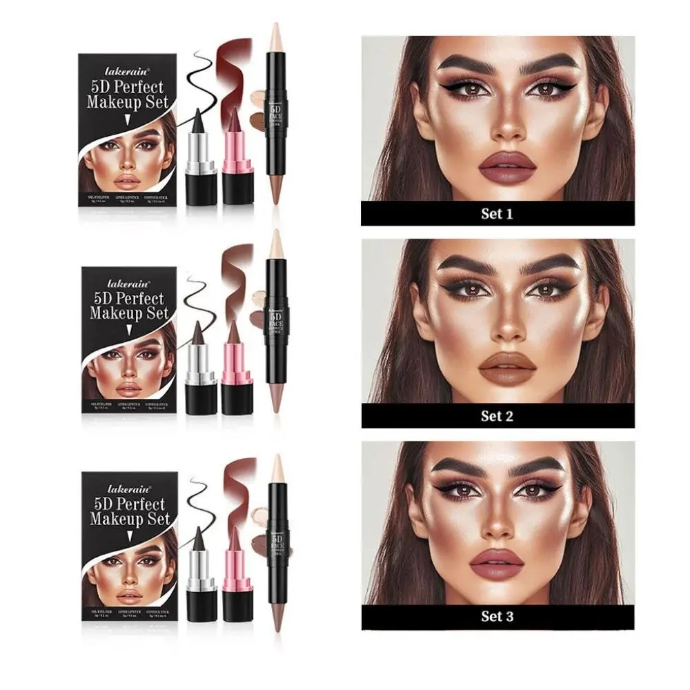 3pcs Matte Velvet Lipstick Set Waterproof Eyeliner Contour Stick Long Lasting Natural Makeup Kit For Face Beauty