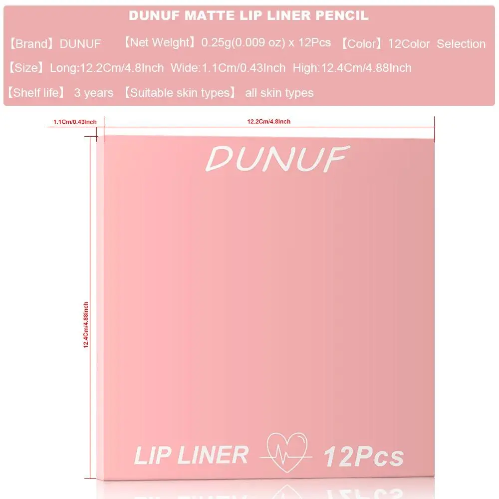 DUNUF 12 Color Matte Lip Liner Pencil Set Waterproof Smudge Proof Long Lasting Vegan Cruelty Free Lipstick Makeup Kit