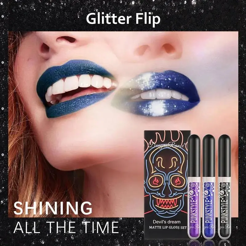 Halloween Lip Gloss Set Sparkling Purple Black Non Stick Lipstick Trio For Party Makeup Beauty Gift