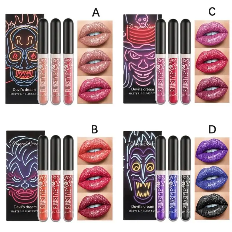 Halloween Lip Gloss Set Sparkling Purple Black Non Stick Lipstick Trio For Party Makeup Beauty Gift