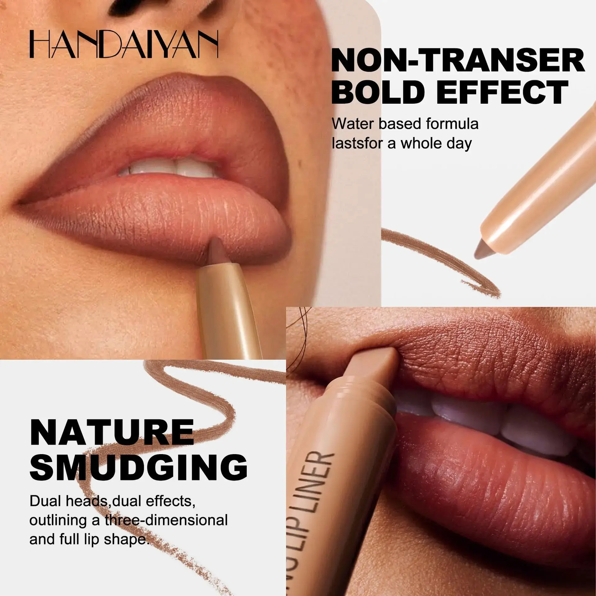 HANDAIYAN Dual Ended Lip Contour Pencil Waterproof Coffee Brown Lipstick Primer Silicone Brush Precision Liner