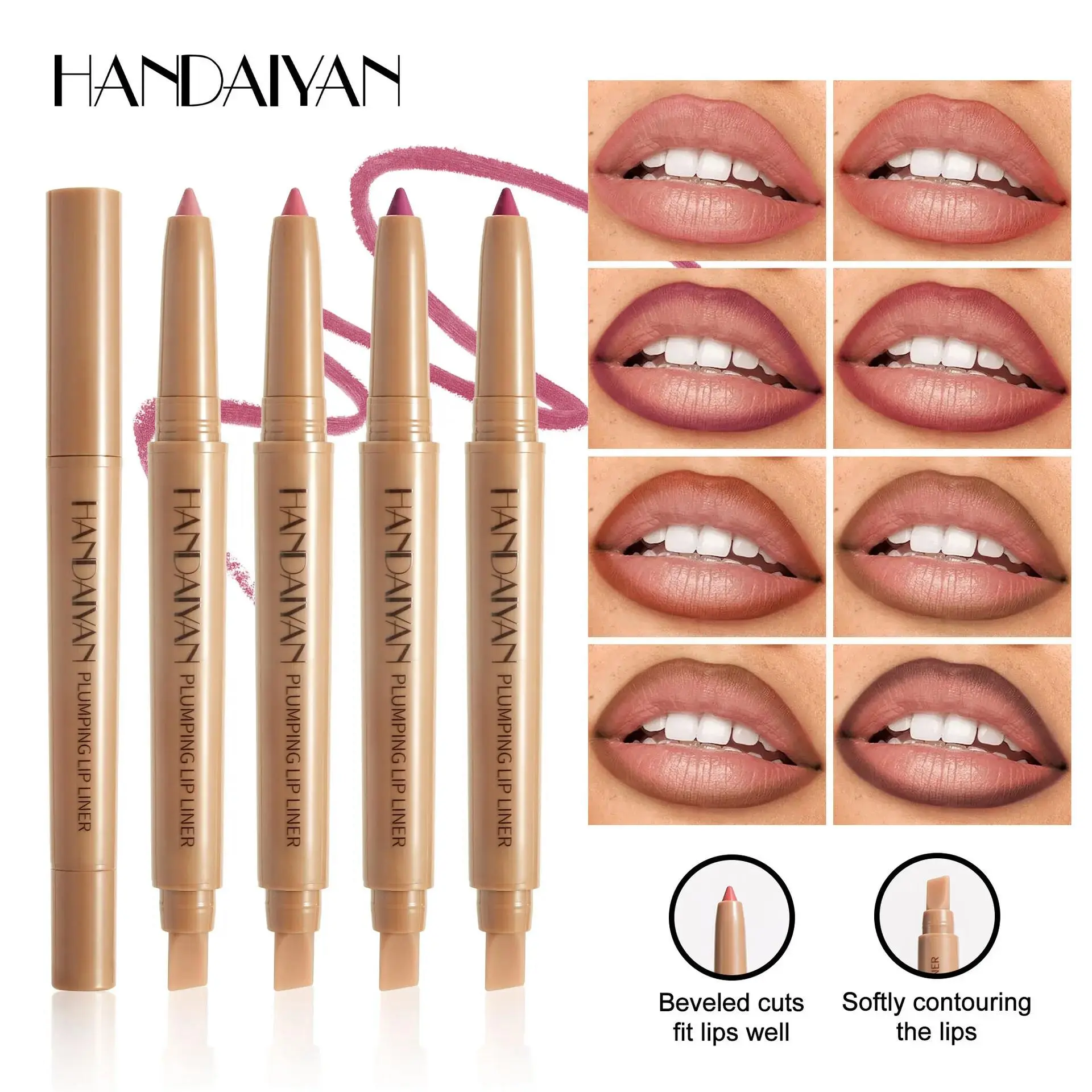 HANDAIYAN Dual Ended Lip Contour Pencil Waterproof Coffee Brown Lipstick Primer Silicone Brush Precision Liner